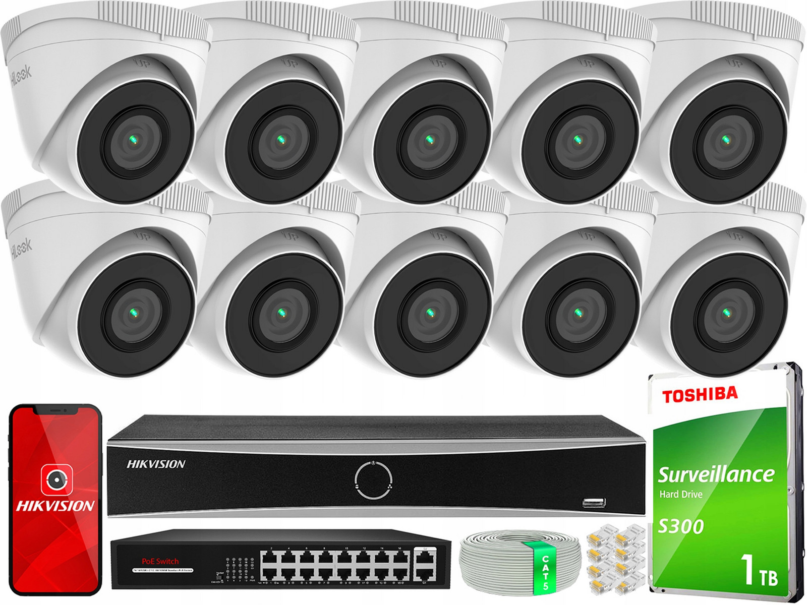 Monitorovací sada 10x IPCAM-T5 5MP Ir 30m Aplikace HiLook by Hikvision