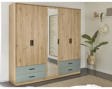 Šatní skříň se zrcadlem Savina 225 cm, dub artisan/šalvějová