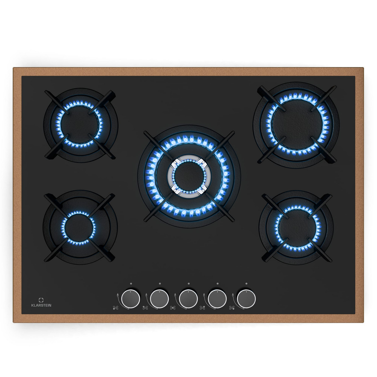 Klarstein Lumiflame plynová varná deska, 5 hořáků, měděný rám, elektrické zapalování, výkon 10,4 kW