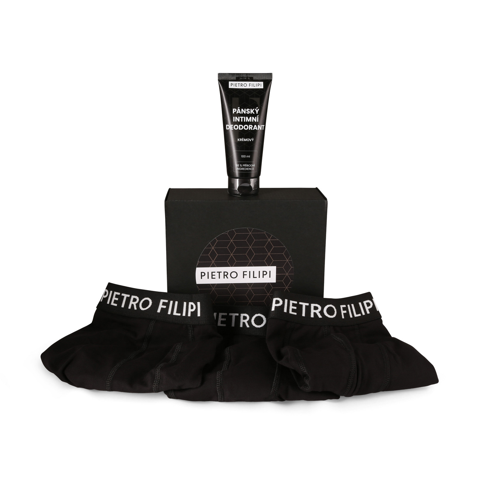 Pánská dárková sada 3PACK boxerky a deodorant na intimní partie Pietro Filipi (4PAD1)  M, trenky / trenýrky