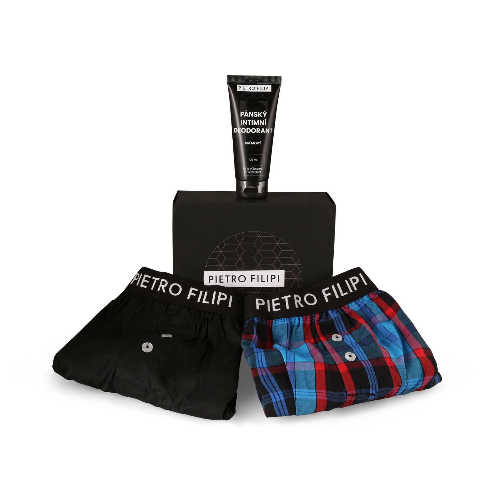 Pánská dárková sada 2PACK trenky a deodorant na intimní partie Pietro Filipi (3PGD1) M, trenýrky