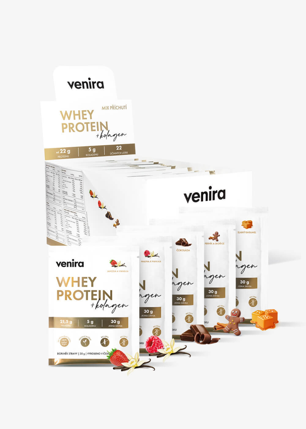 VENIRA whey protein, mix 5 příchutí, 30 sáčků