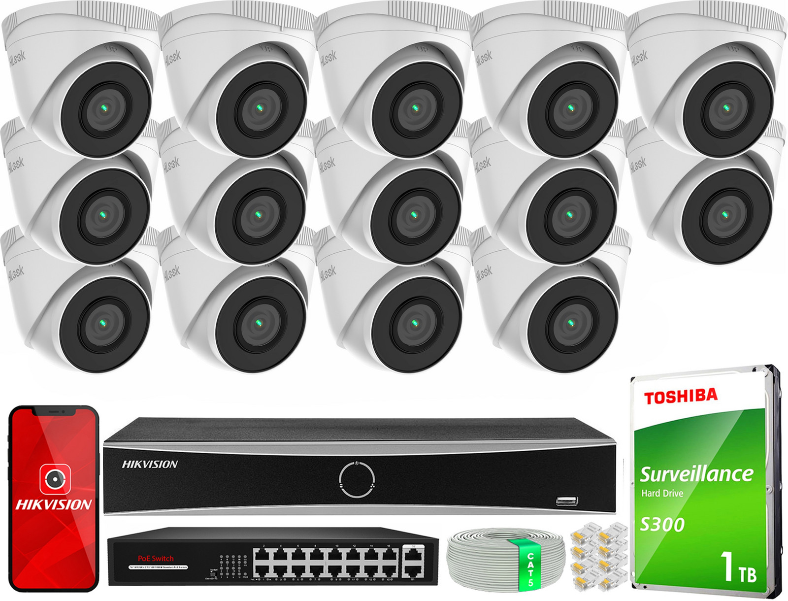 Sada pro Ip monitoring 14 kamer IPCAM-T5 5MP Ir 30 PoE HiLook by Hikvision