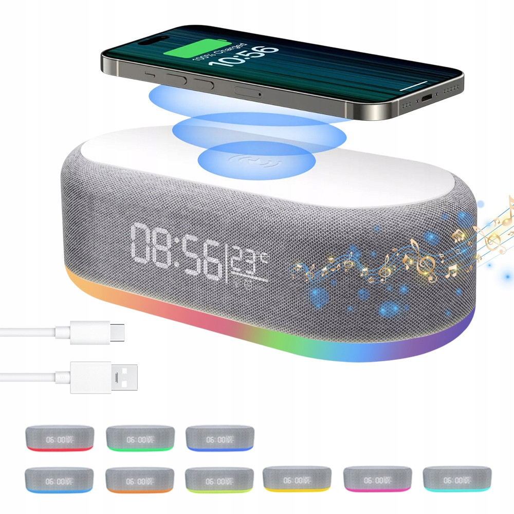 Digitální Hodiny Budík Bezdrátová Nabíječka 6V1 9 Barev Rgb