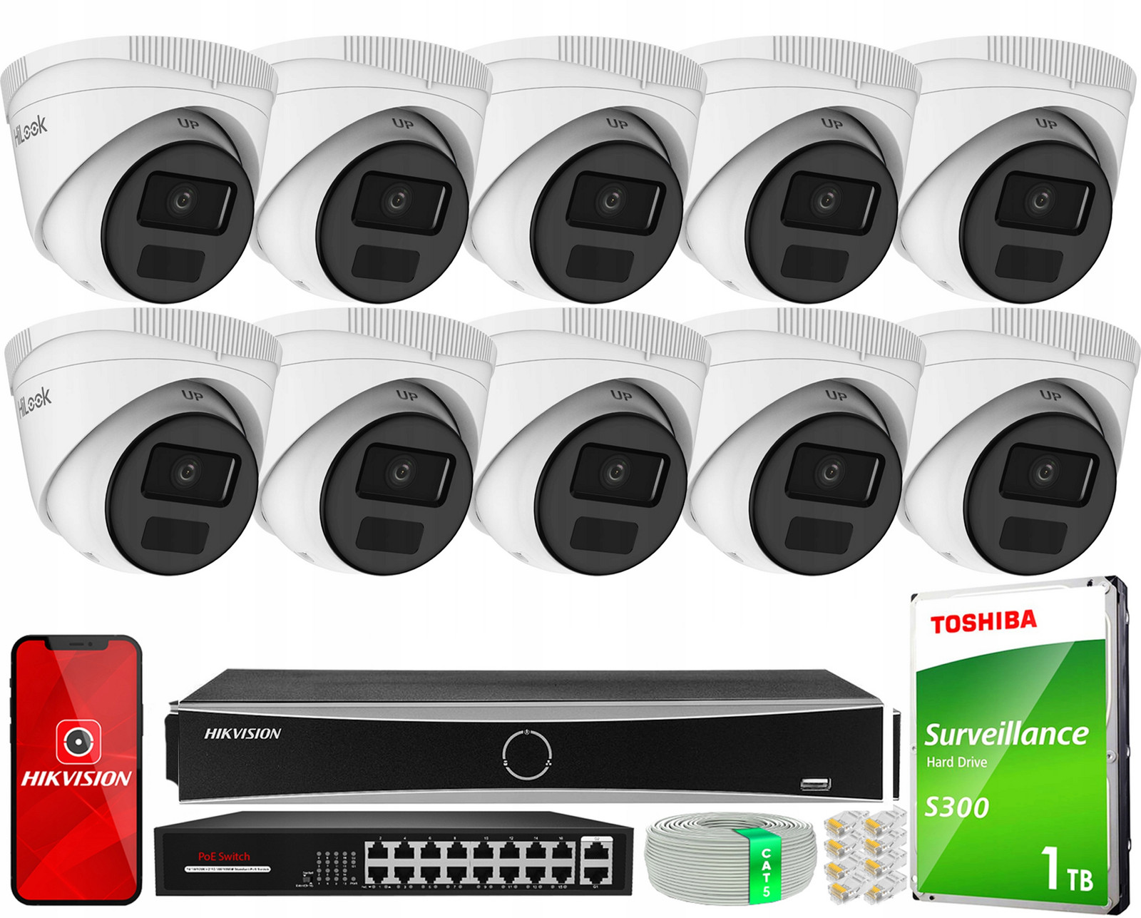 Monitorovací sada 10x IPCAM-T4-P Full Hd, PoE, H.265+ HiLook by Hikvision