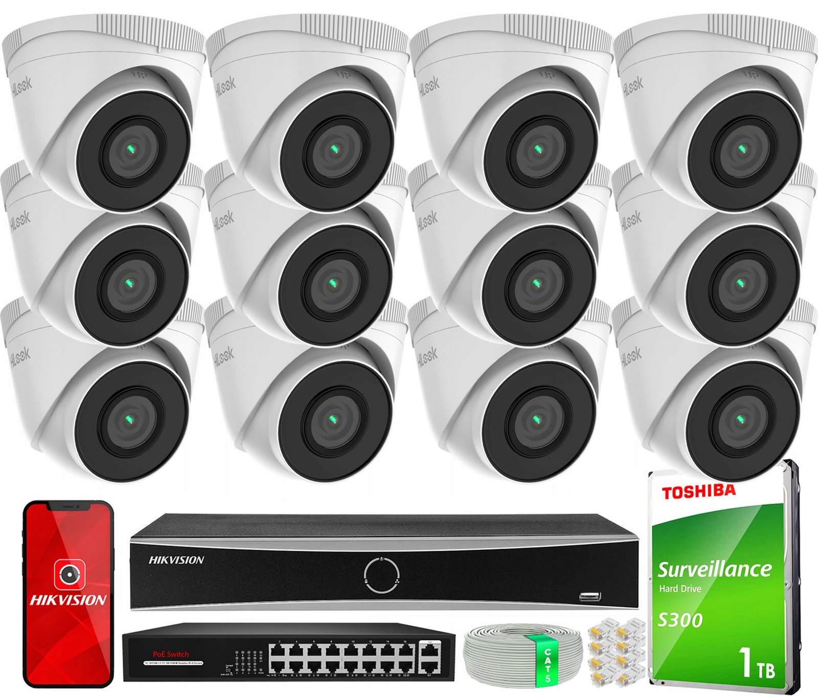 Sada pro Ip monitoring 12 kamer IPCAM-T5 5MP Ir 30 PoE HiLook by Hikvision