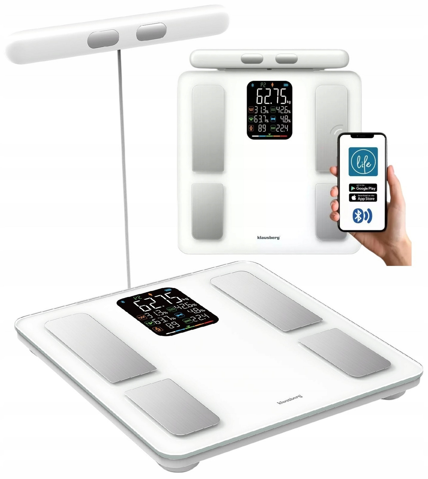 Koupelnová váha s rukojetí, elektronická, přesné složení těla, Bílá