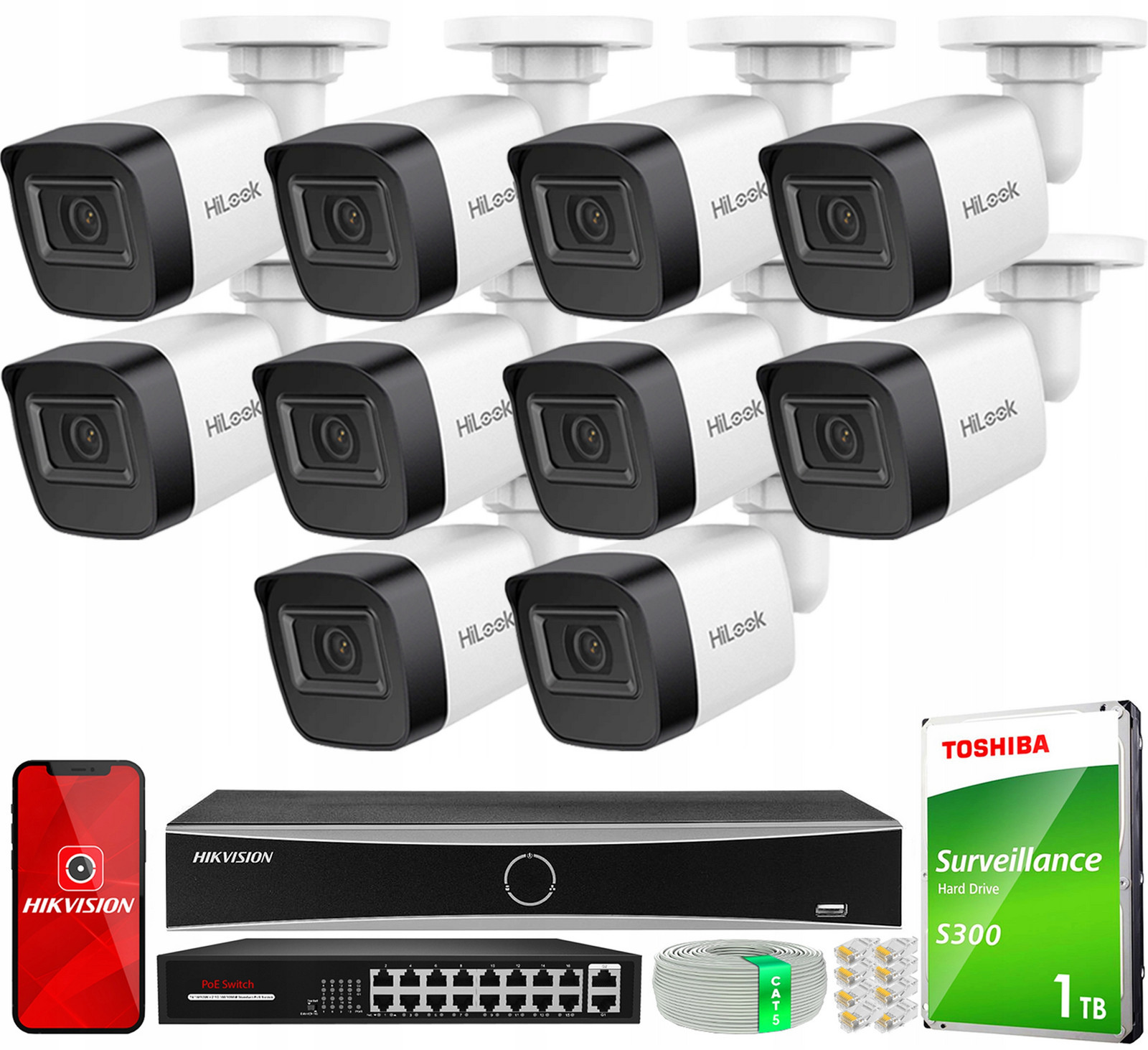 Ip monitorovací set 10 Full Hd PoE kamer IPCAM-B2-P HiLook by Hikvision