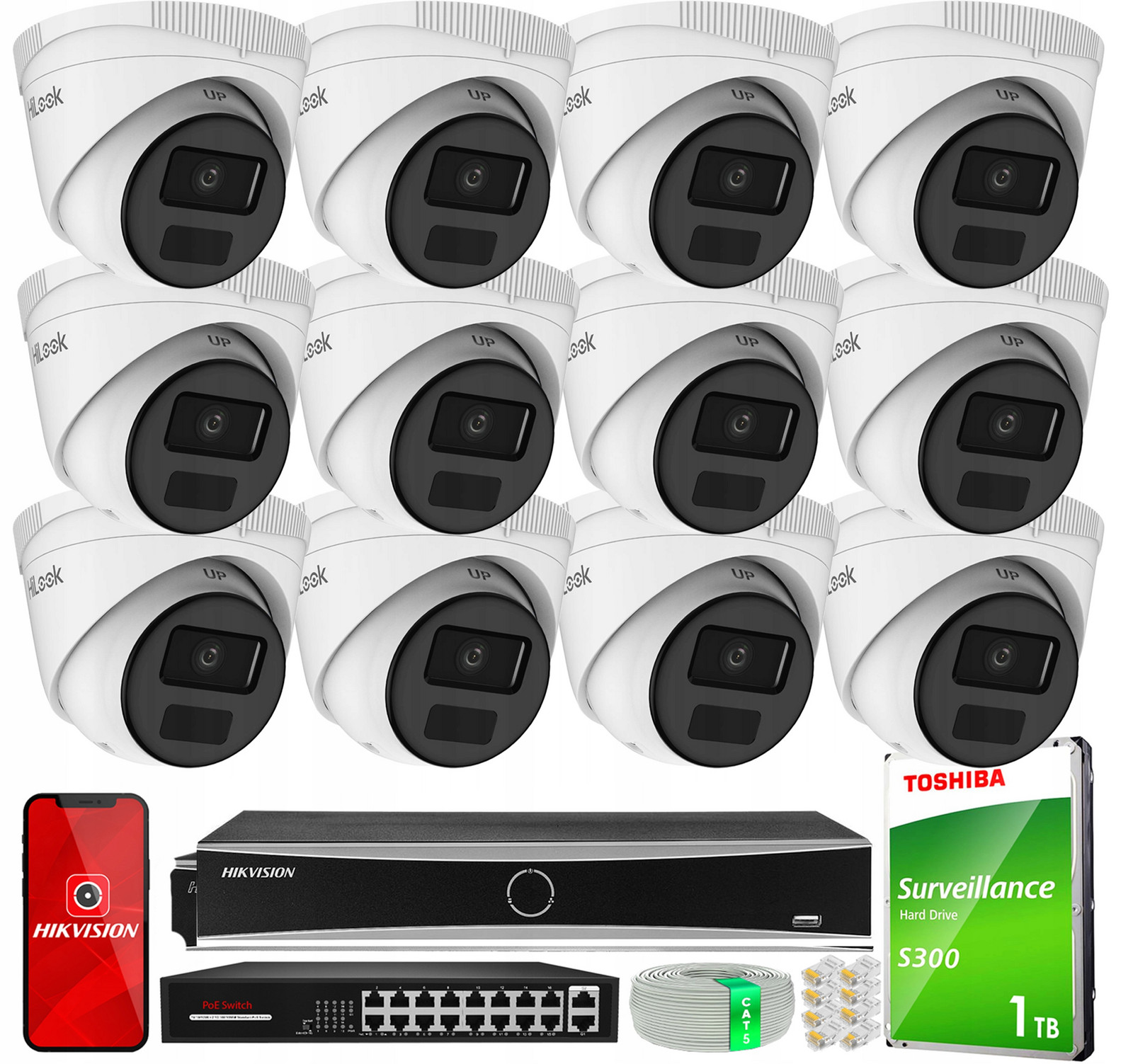 Monitorovací sada 12x IPCAM-T4-P Full Hd, PoE, H.265+ HiLook by Hikvision