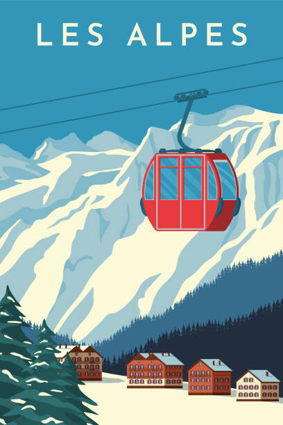 Rinat Khairitdinov Ilustrace Ski resort with red gondola lift,, Rinat Khairitdinov, 26.7 × 40 cm