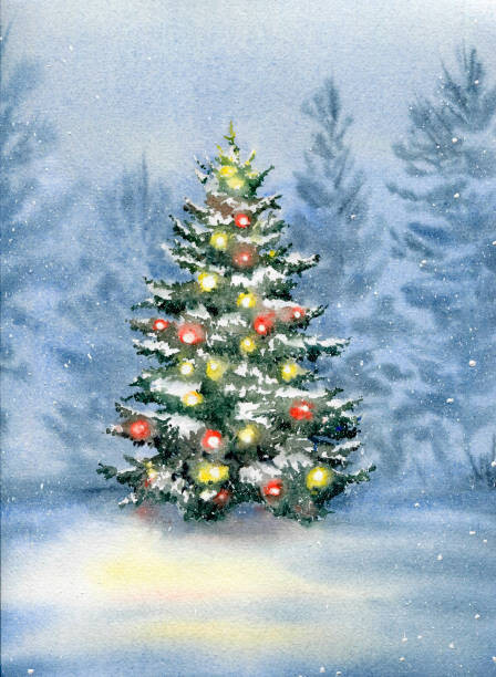 Evgeniya_Mokeeva Ilustrace Christmas tree decorated with balls in, Evgeniya_Mokeeva, 30 × 40 cm