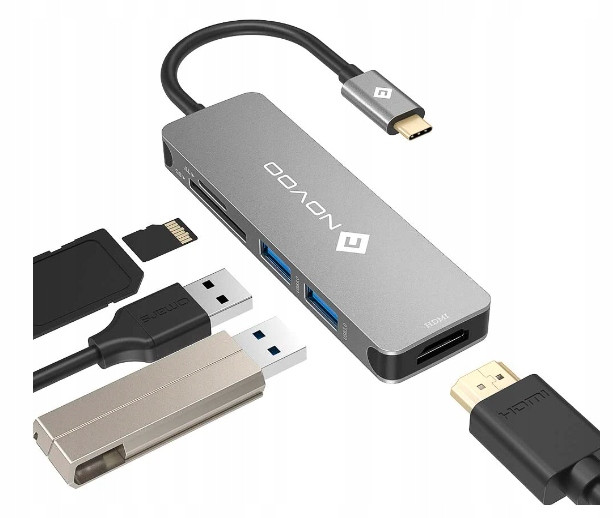 Novoo Hub 5v1 Usb-c adaptér 2x Usb 3.0 Hdmi Sd/tf