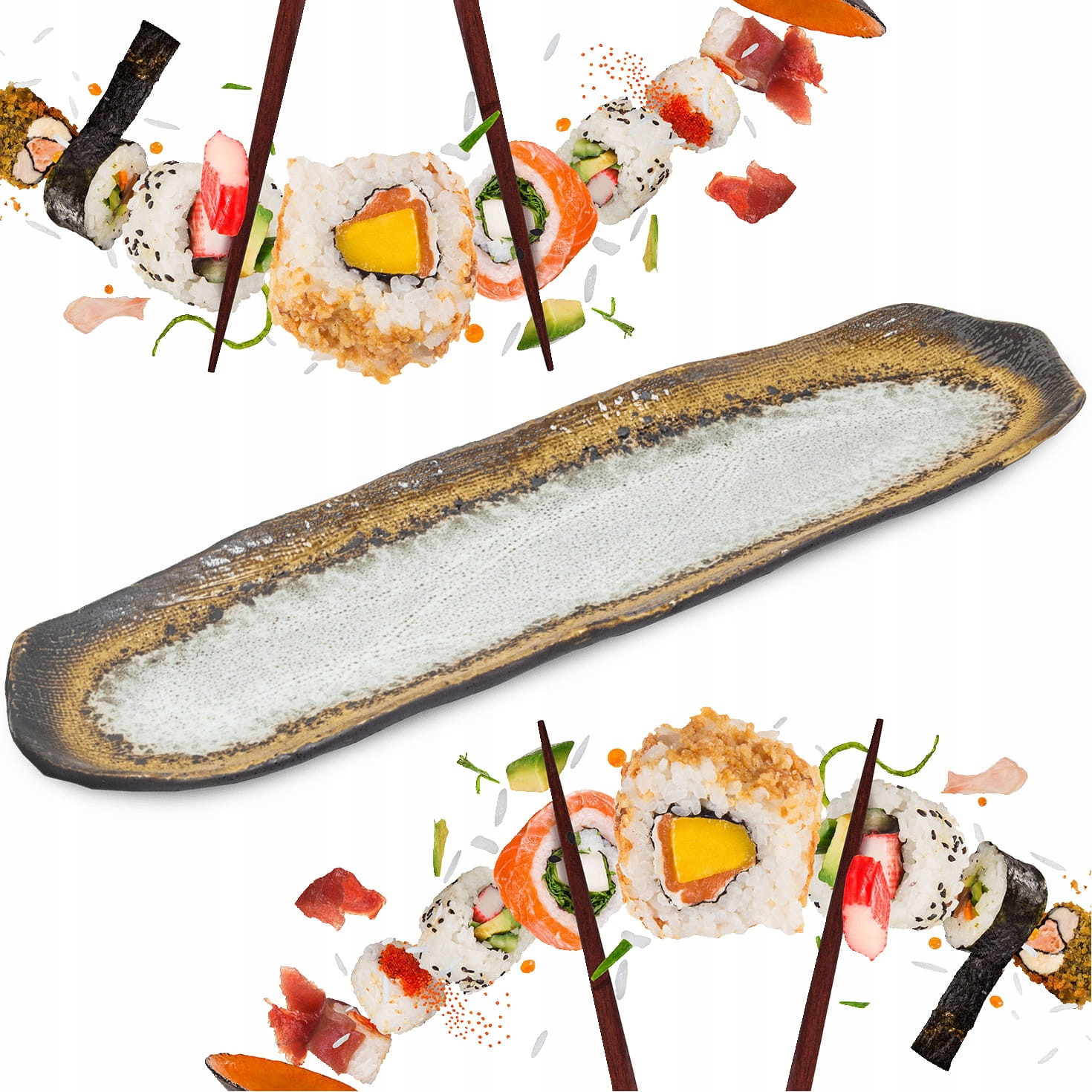 Keramický Dlouhý Servírovací Talíř Sushi Šedo-Žlutý Dekorativní 34x10cm