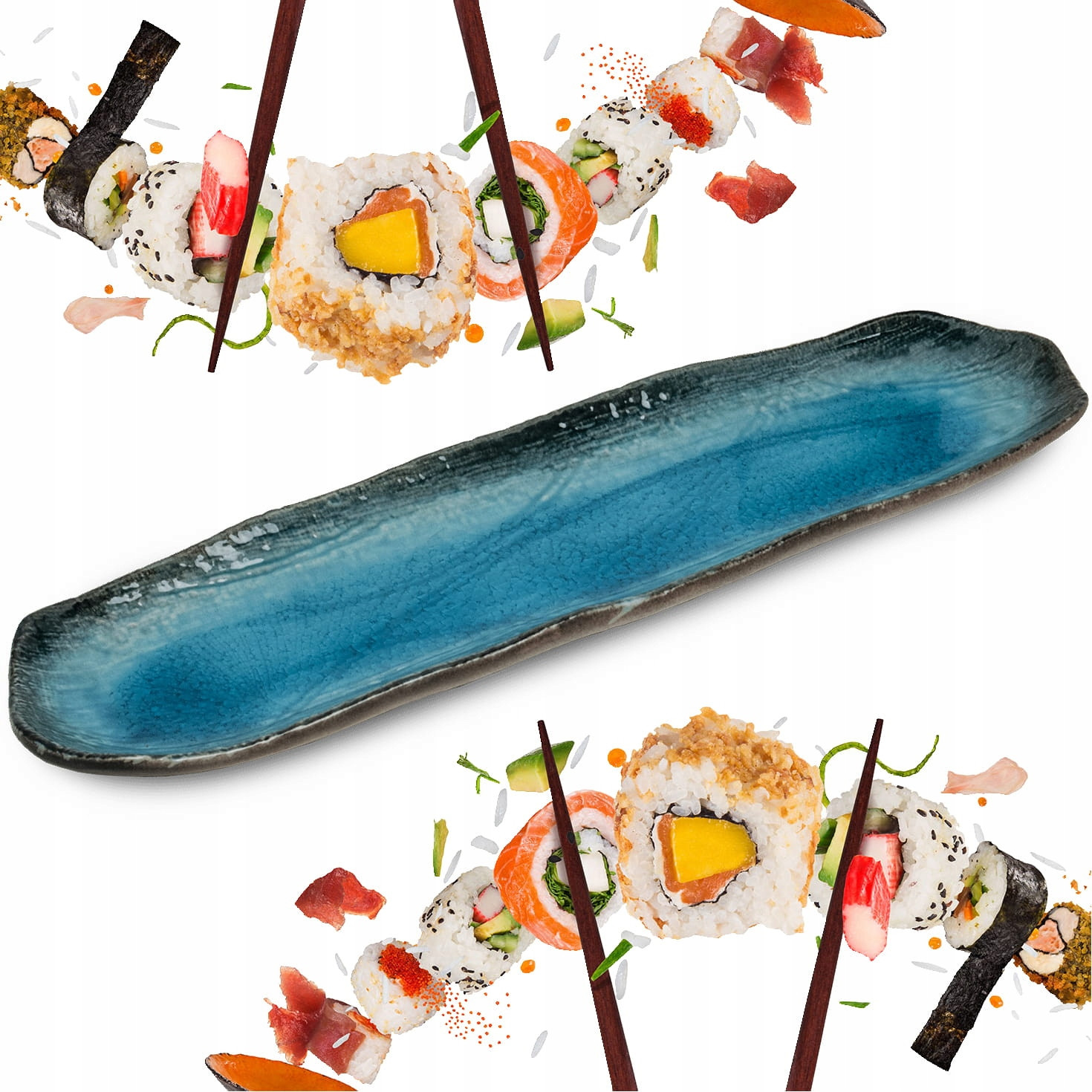 Keramický Dlouhý Servírovací Talíř Sushi Modrý Dekorativní 34x10cm