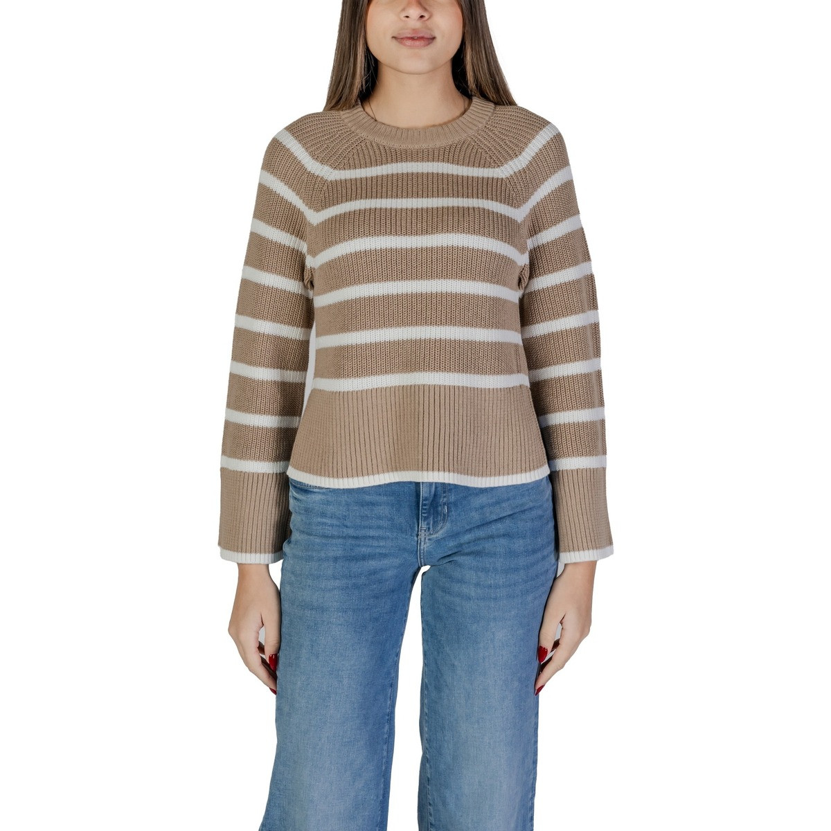 Vila  VICASIA L/S STRIPED SHORT KNIT TOP/PB 14103369  Béžová