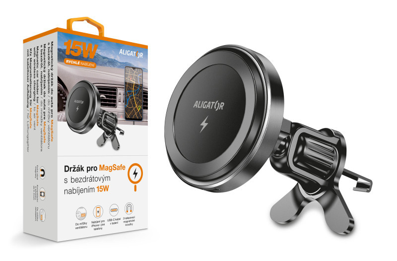 Magnetický držák do auta Aligator pro MagSafe s bezdrátovým nabíjením 15W, do ventilační mřížky