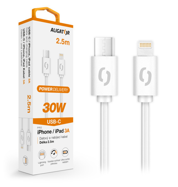 Datový kabel Aligator Power 30W, USB-C/Lightning 3A, 2,5m bílá