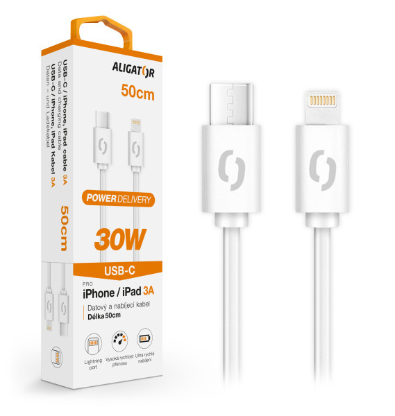 Datový kabel Aligator Power 30W, USB-C/Lightning 3A, 0,5m bílá