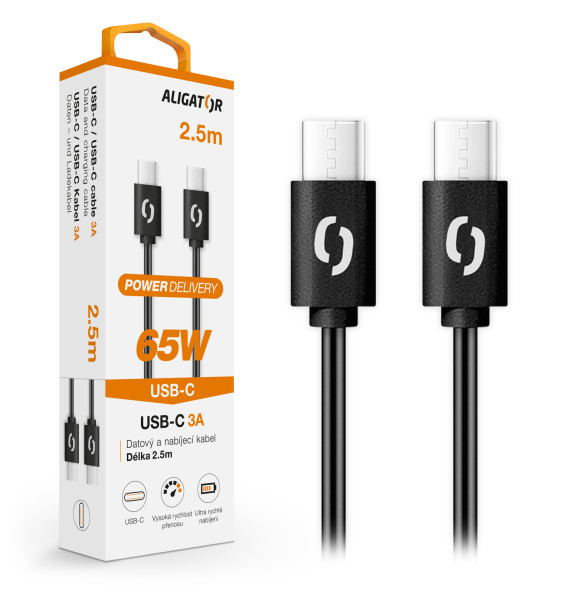 Datový kabel Aligator Power 65W, USB-C/USB-C 3A, 2,5m, černá