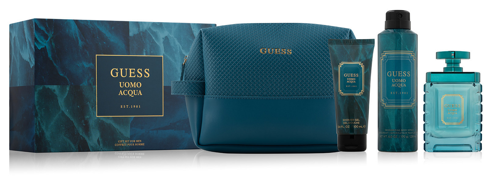 Guess Uomo Acqua - EDT 100 ml + deodorant ve spreji 226 ml + sprchový gel 100 ml + kosmetická taška