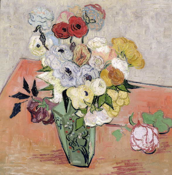 Vincent van Gogh Obrazová reprodukce Japanese Vase with Roses and Anemones, 1890, Vincent van Gogh, 40 × 40 cm