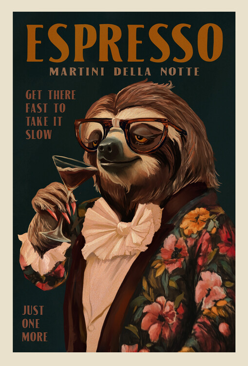 The Whiskey Ginger Ilustrace Art Deco Espresso Martini Drinking Sloth, The Whiskey Ginger, 26.7 × 40 cm