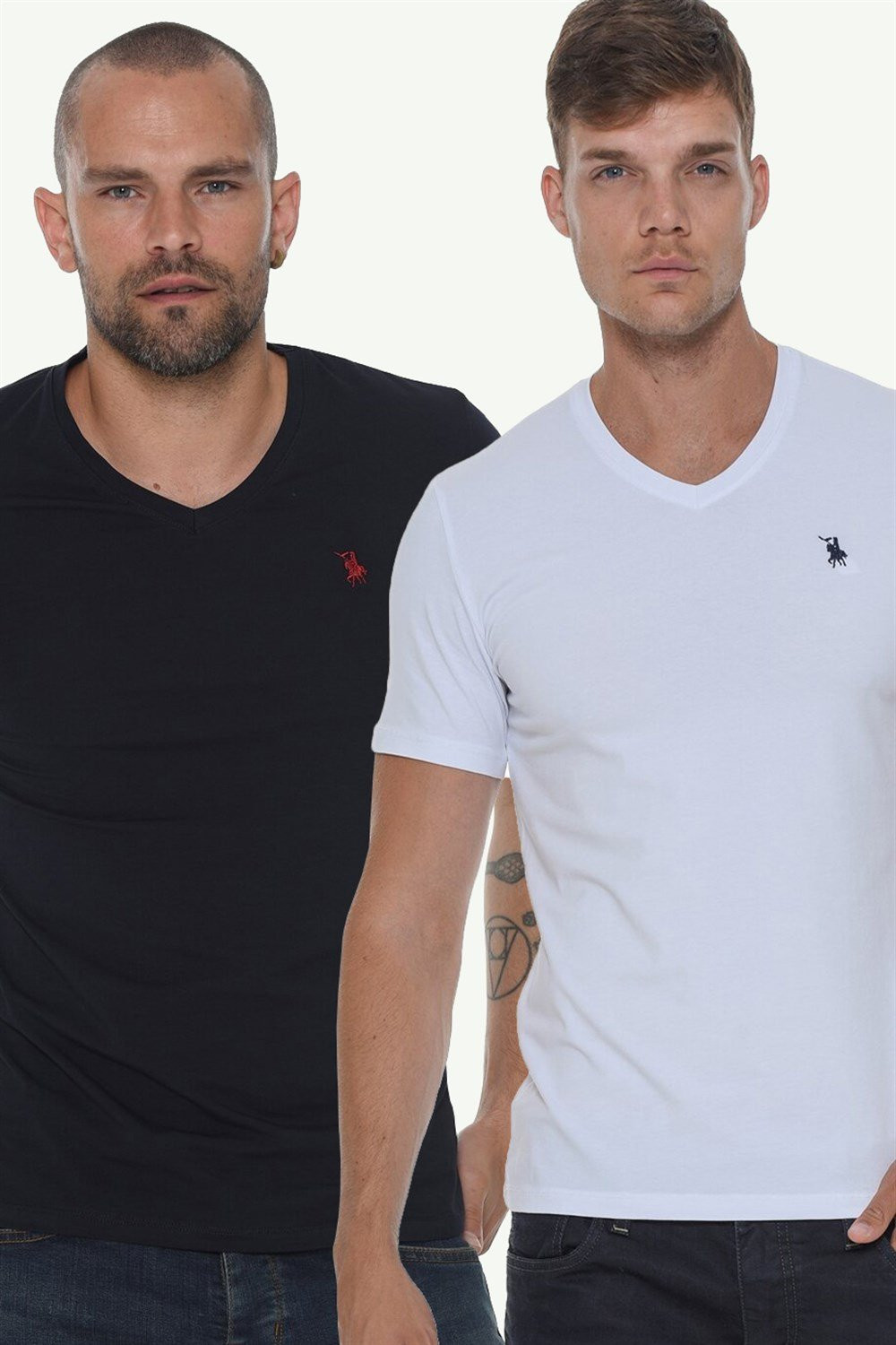 DOUBLE SET T8568 DEWBERRY V-NECK MEN'S T-SHIRT-WHITE - NAVY BLUE