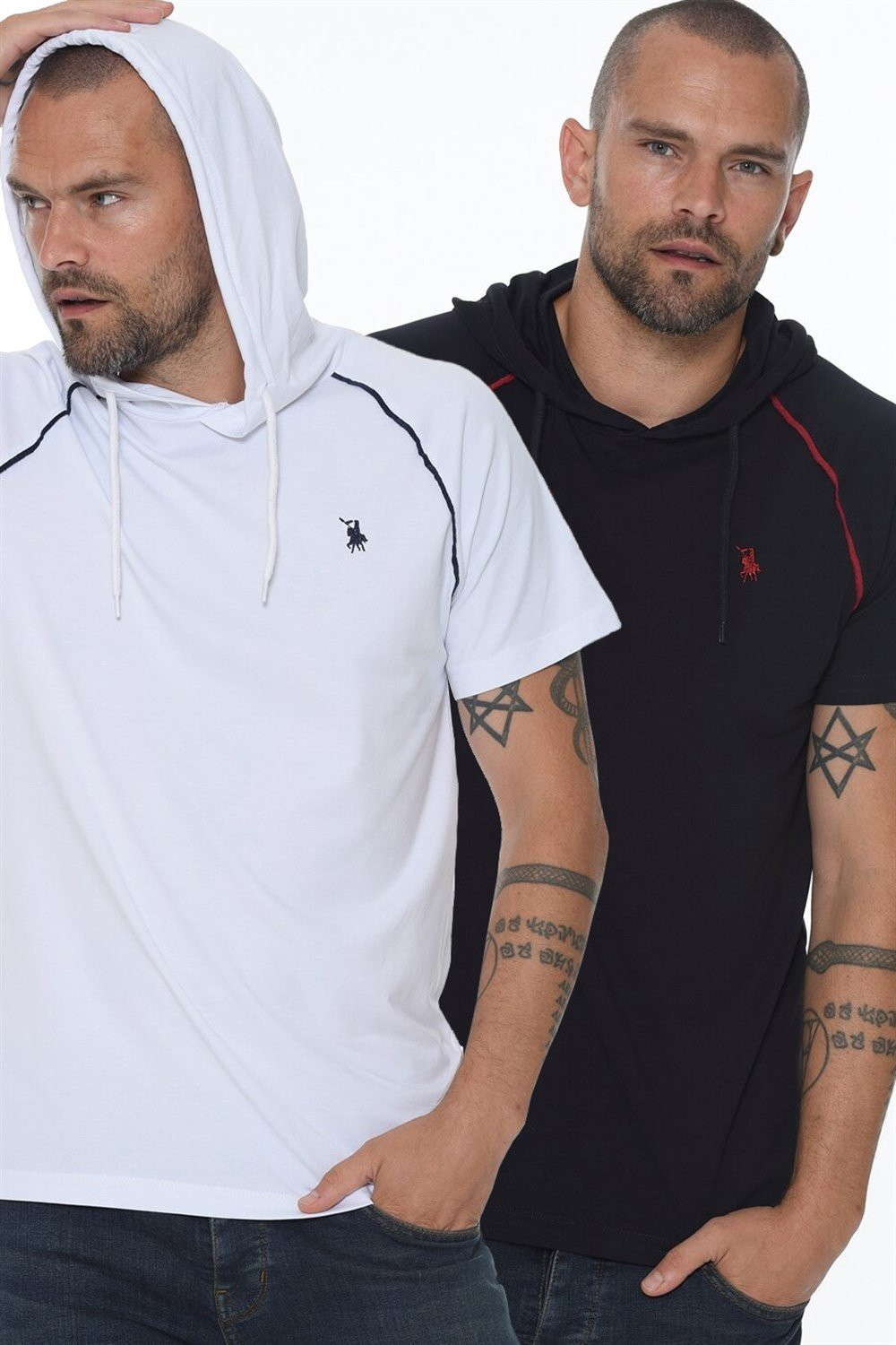 DOUBLE SET T8570 DEWBERRY HOODED MEN'S T-SHIRT-WHITE - NAVY BLUE