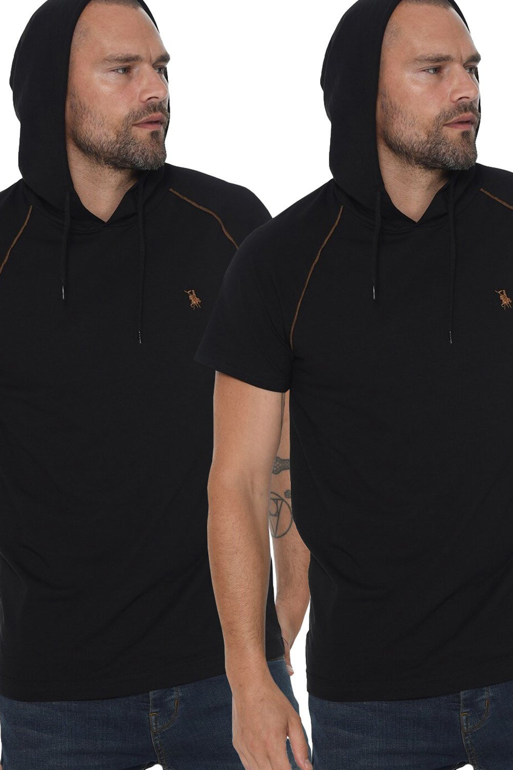 DOUBLE SET T8570 DEWBERRY HOODED MEN'S T-SHIRT-BLACK-BLACK