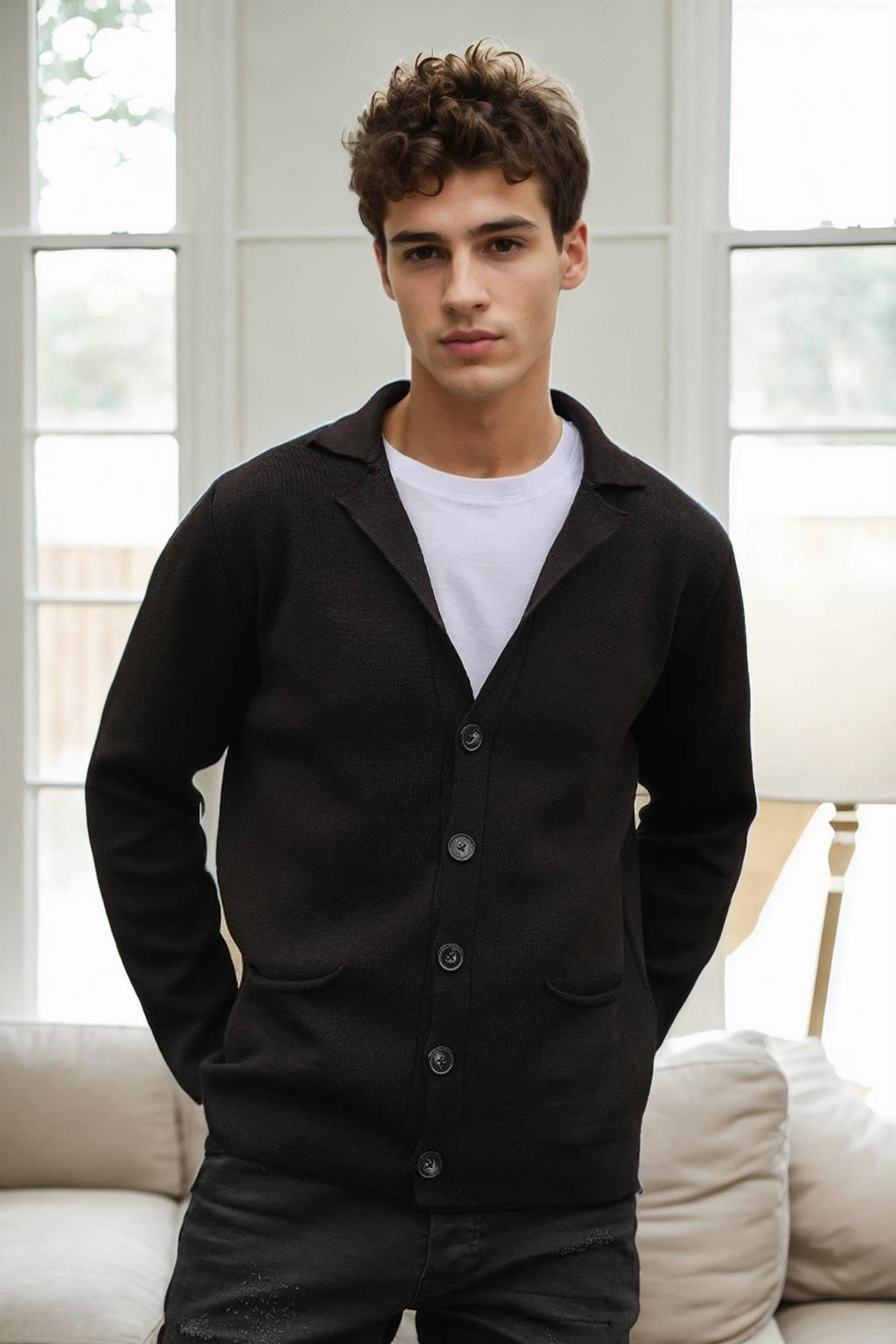 36916 Dewberry Double Breasted Collar Mens Cardigan-BLACK