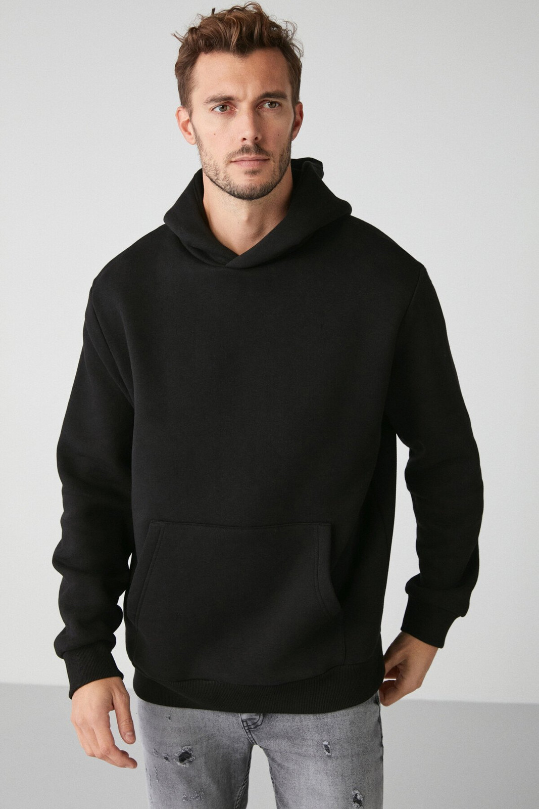 GRIMELANGE Draco Men's Soft Fabric Knitted 3 Thread Oversize Hooded Black Sweatshirt with Kangaroo Pocket