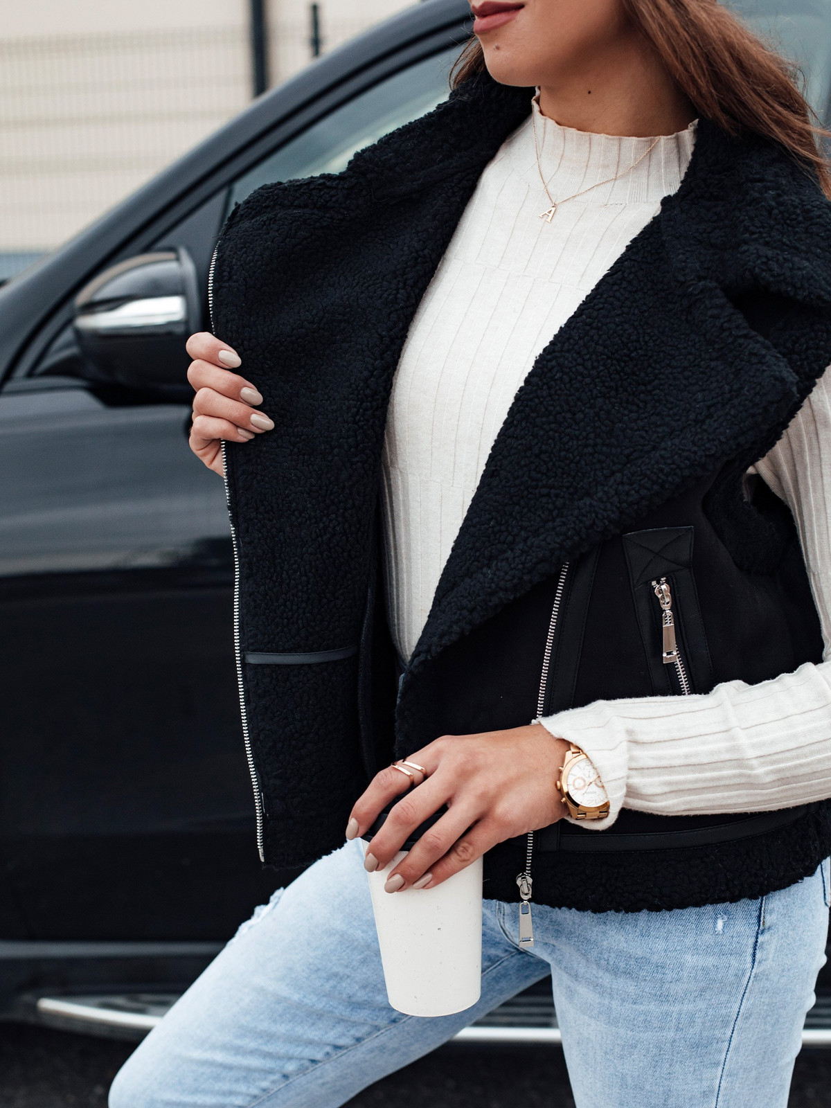 Kamizelka damska WOOLZIP zamszowa z kożuszkiem czarna Dstreet