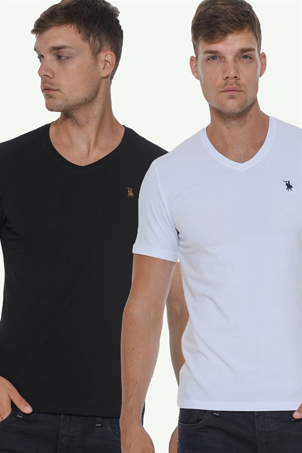 DOUBLE SET T8568 DEWBERRY V-NECK MEN'S T-SHIRT-WHITE-BLACK