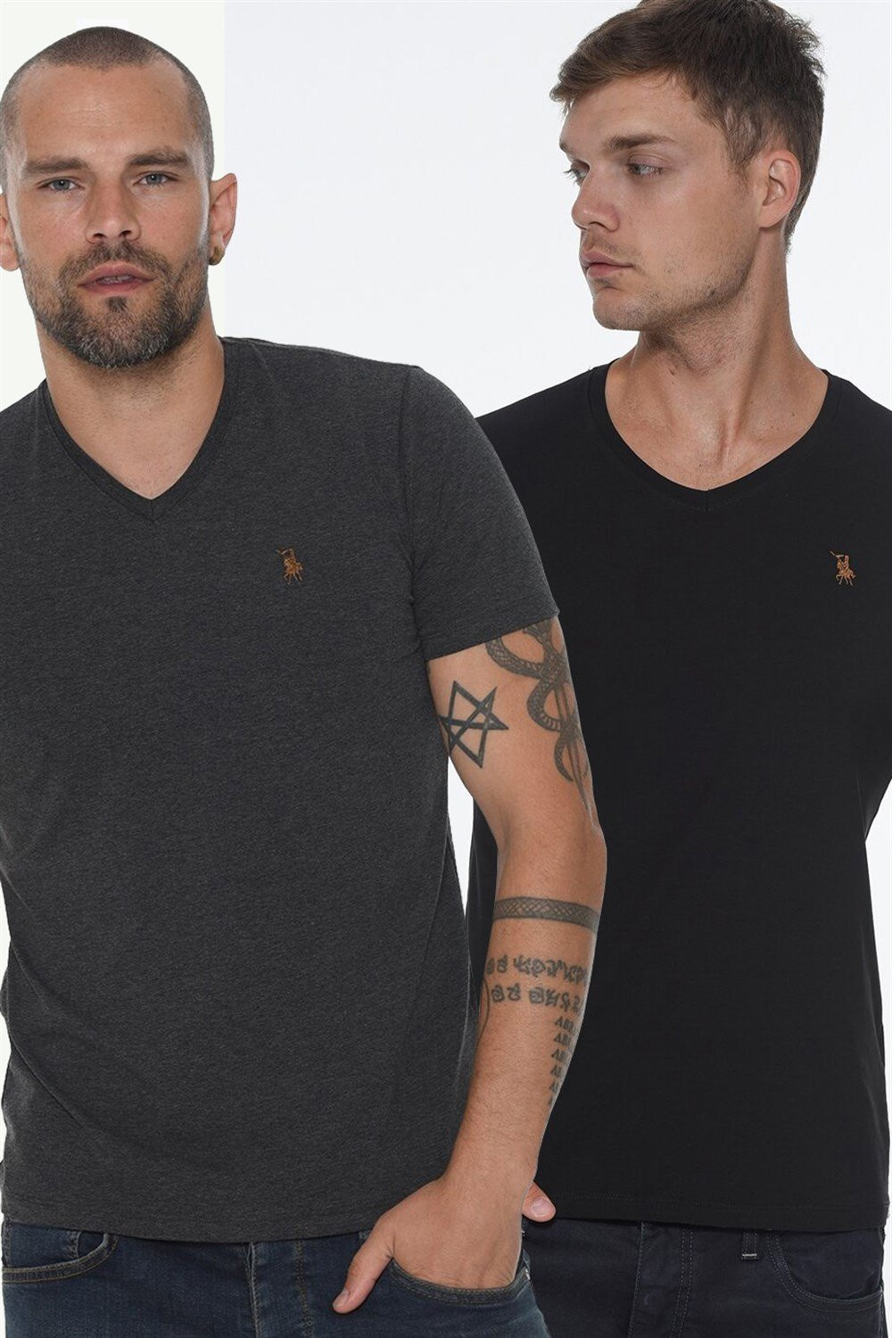 DOUBLE SET T8568 DEWBERRY V-NECK MEN'S T-SHIRT-BLACK-ANTHRACITE
