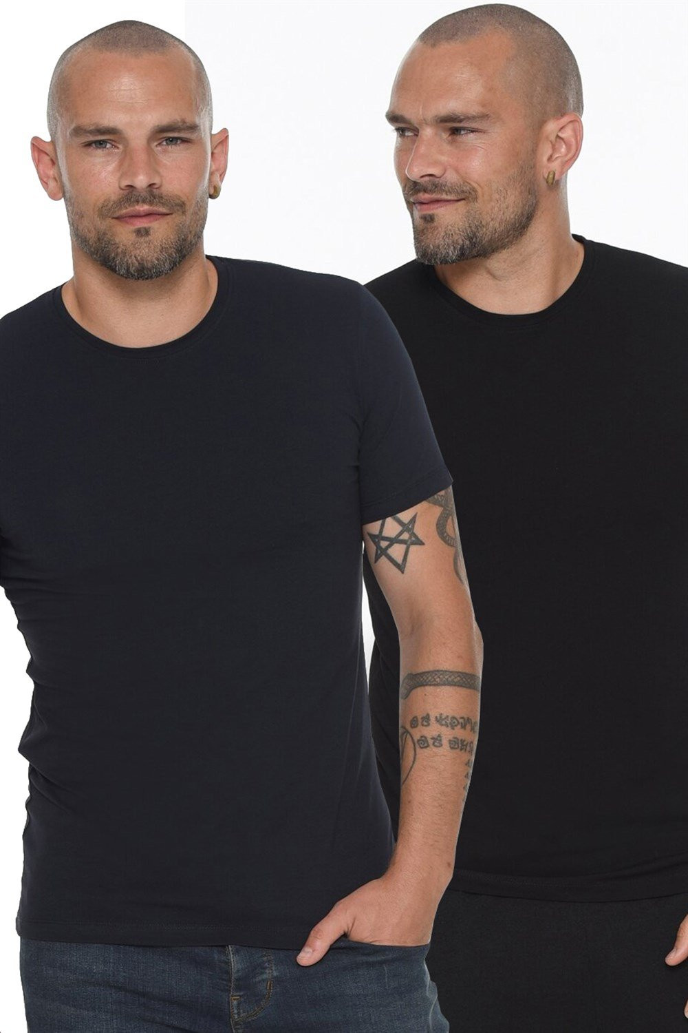 DOUBLE SET T8569 DEWBERRY BICYCLE COLLAR MEN'S T-SHIRT-NAVY BLUE - BLACK