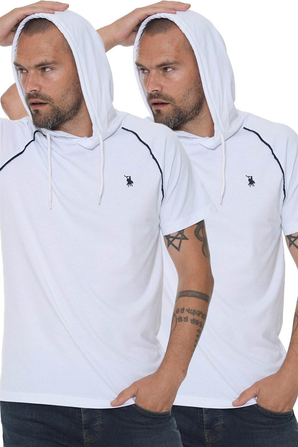 DOUBLE SET T8570 DEWBERRY HOODED MEN'S T-SHIRT-WHITE-WHITE
