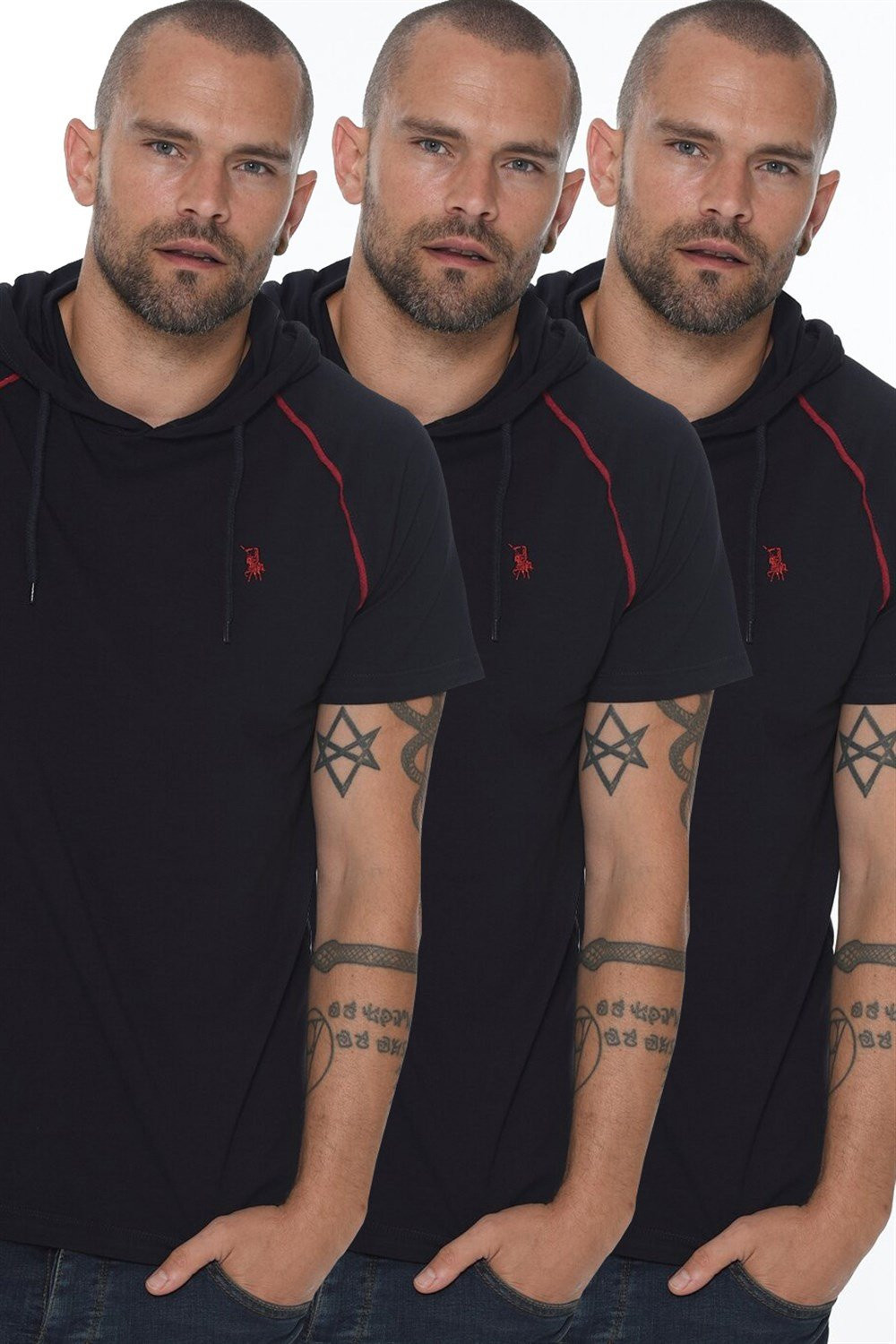 TRIPLE SET T8570 DEWBERRY HOODED MEN'S T-SHIRT-NAVY-NAVY-NAVY