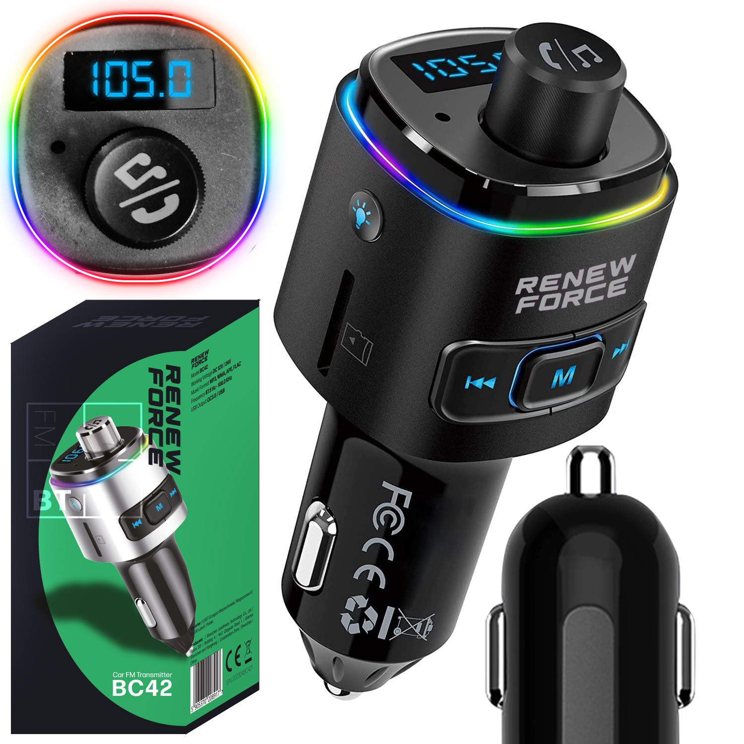 Bluetooth Fm transmitter do auta Rychlá nabíječka Pd 23W QC3.0 Usb-c Led