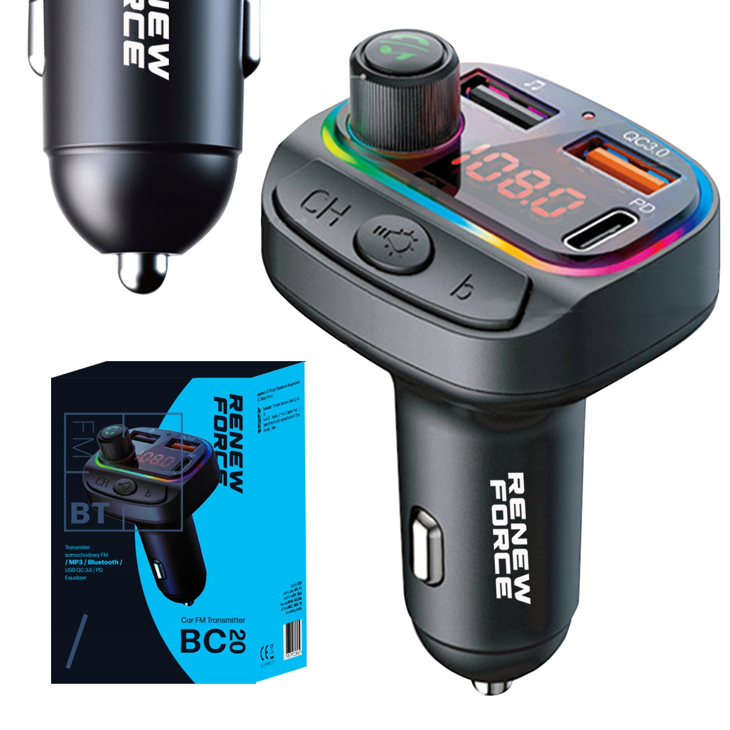 Bluetooth Fm transmitter do auta Rychlá nabíječka Pd 24W QC3.0 Usb-c Rgb