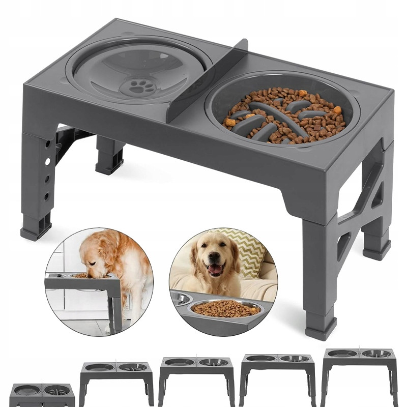 2v1 Dvojitá Miska Pro Psa Na Stojanu Nastavitelná Výška Rukojeť Misky