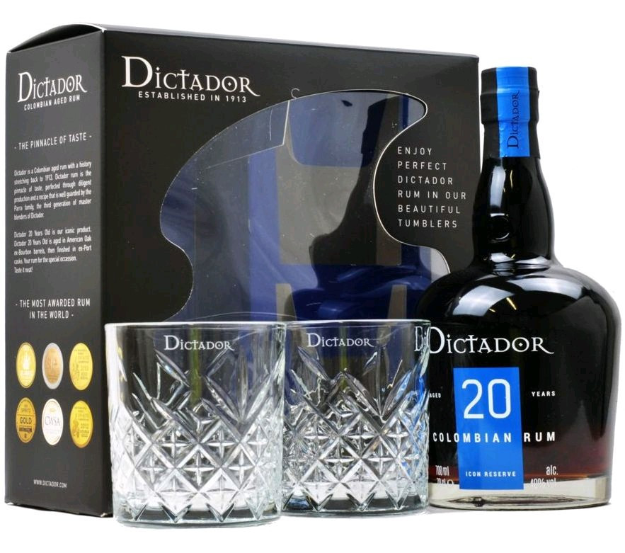 Rum Dictador 20y čirá lahev + 2sklo BLACK box 40%0.70l