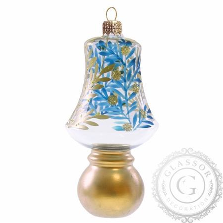 Volný tvar - zvonek s kouličkou - 12, 5 cm čirý dekor modré a bronzovévětvičky