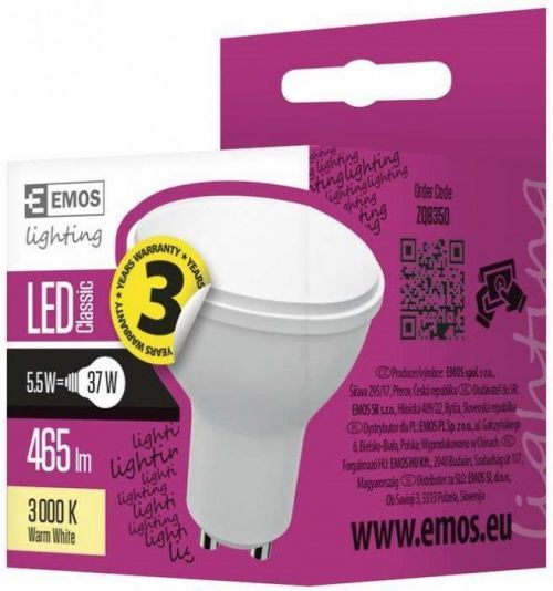LED žárovka Emos ZQ8350, GU10, 5,5W, teplá bílá