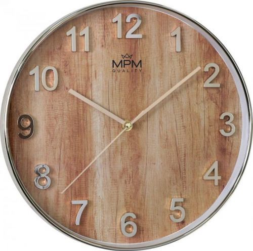 Nástěnné hodiny MPM Wood Style s motivem dřeva a výraznými arabskými číslicemi. .01494