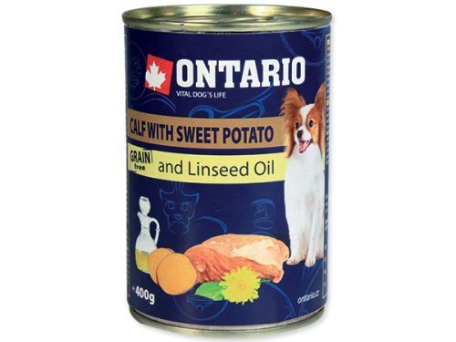 Konzerva ONTARIO Dog Mini Calf, Sweetpotato, Dandelion and Linseed Oil 400g