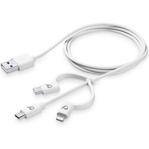 USB kabel CellularLine se třemi adaptéry Lightning + Micro USB + USB-C, bílý