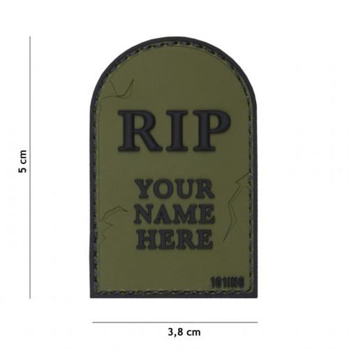 Gumová nášivka 101 Inc nápis RIP Your Name Here - olivová