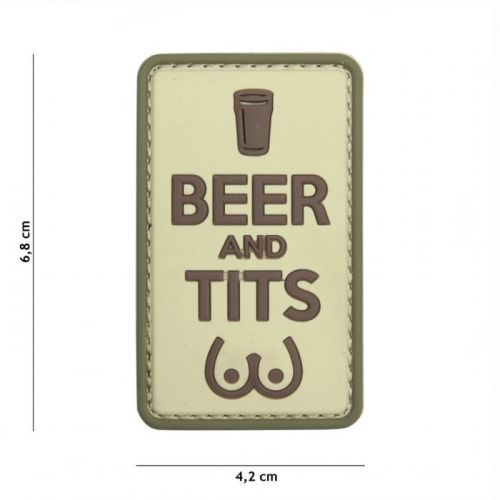 Gumová nášivka 101 Inc nápis Beer and Tits - coyote