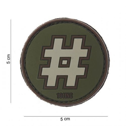 Gumová nášivka 101 Inc nápis # Hashtag - olivová