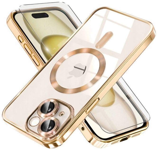 Pouzdro pro iPhone 15 zlaté pro MagSafe case Gold ochrana fotoaparátu Sklo 2.5D